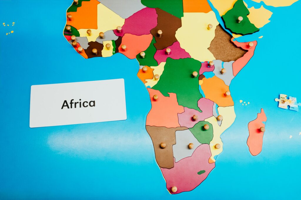 Montessori map of Africa made of wood with countries separated by colors.