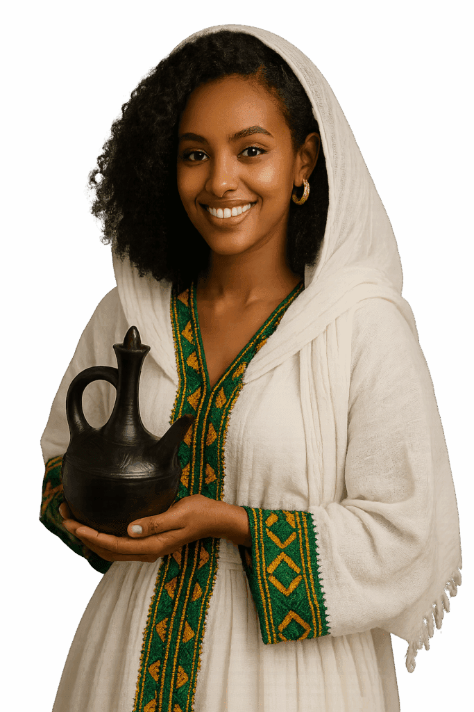 Beautiful Ethiopian woman wearing traditional white habesha kemis with green and gold embroidery, smiling while holding a classic black jebena coffee pot — representing Ethiopian coffee culture and heritage