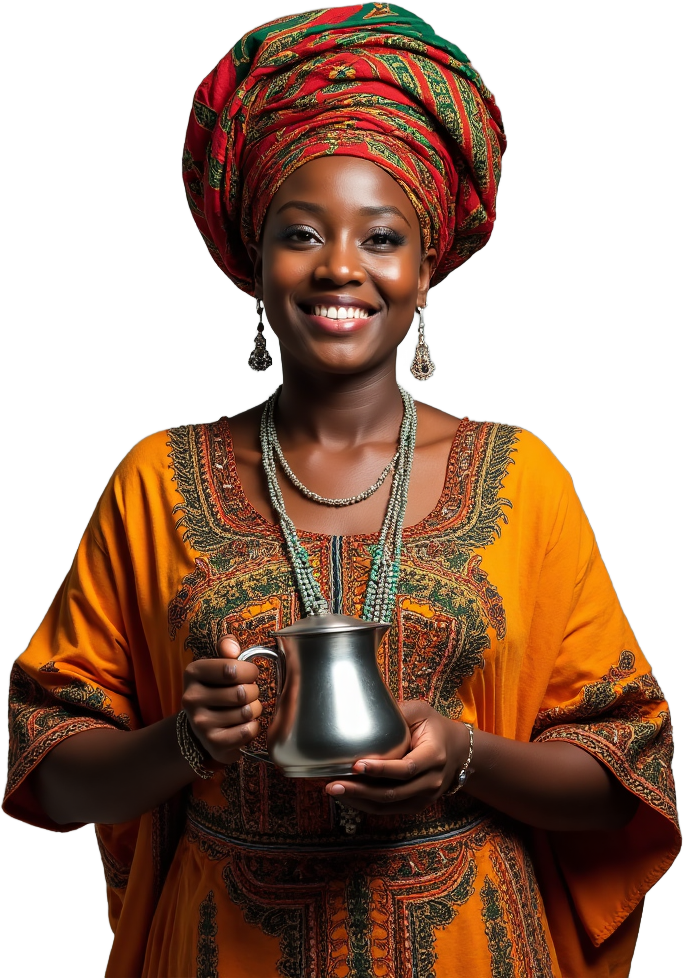 Smiling Ethiopian woman in vibrant traditional orange dress and red-green headwrap, holding a shiny silver coffee pot, symbolizing Ethiopian coffee culture and ceremonial hospitality.