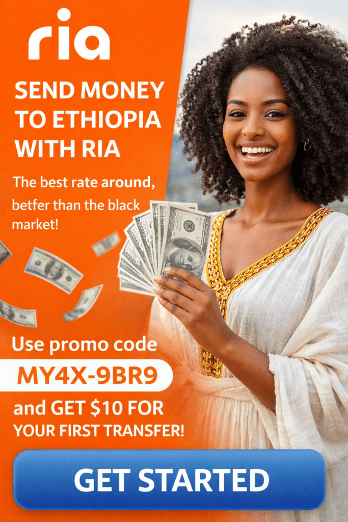 Beautiful Ethiopian woman promoting Ria money transfer to Ethiopia with best exchange rates and $10 first transfer bonus