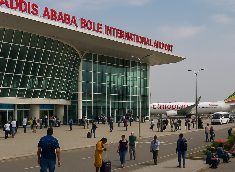 Addis Ababa Bole International Airport Terminal 2 exterior with travelers and Ethiopian Airlines aircraft